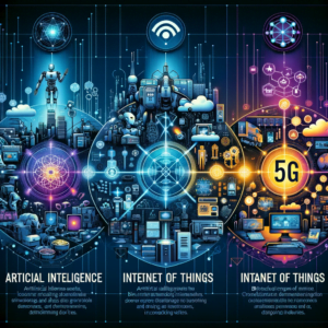 Infographic of emerging technologies like AI, Blockchain, IoT, Cloud Computing, and 5G.