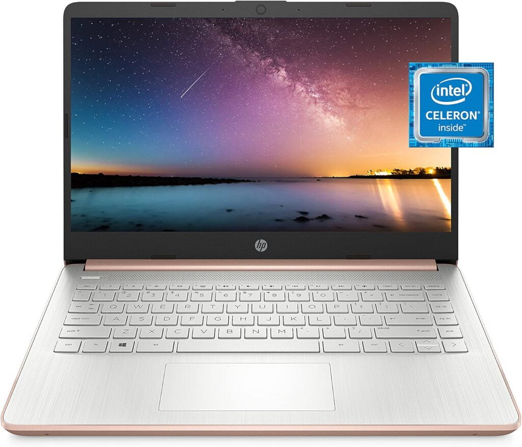 HP 14 Laptop, Intel Celeron N4020, 4 GB RAM, 64 GB Storage, 14-inch Micro-edge HD Display, Windows 11 Home, Thin Portable, 4K Graphics, One Year of Microsoft 365 (14-dq0030nr, 2021, Pale Rose Gold)