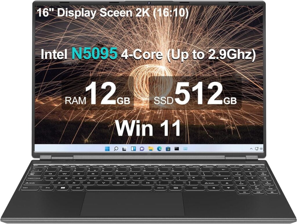 Ruzava/Aocwei 16 Laptop 12+512GB Celeron Intel N5095 (Up to 2.9Ghz) 4-Core Win 11 PC with Cooling Fan 1920 * 1200 2K Screen Dual WiFi Support 2.5 HDD 1TB SSD Expand for Game Work Study-Black