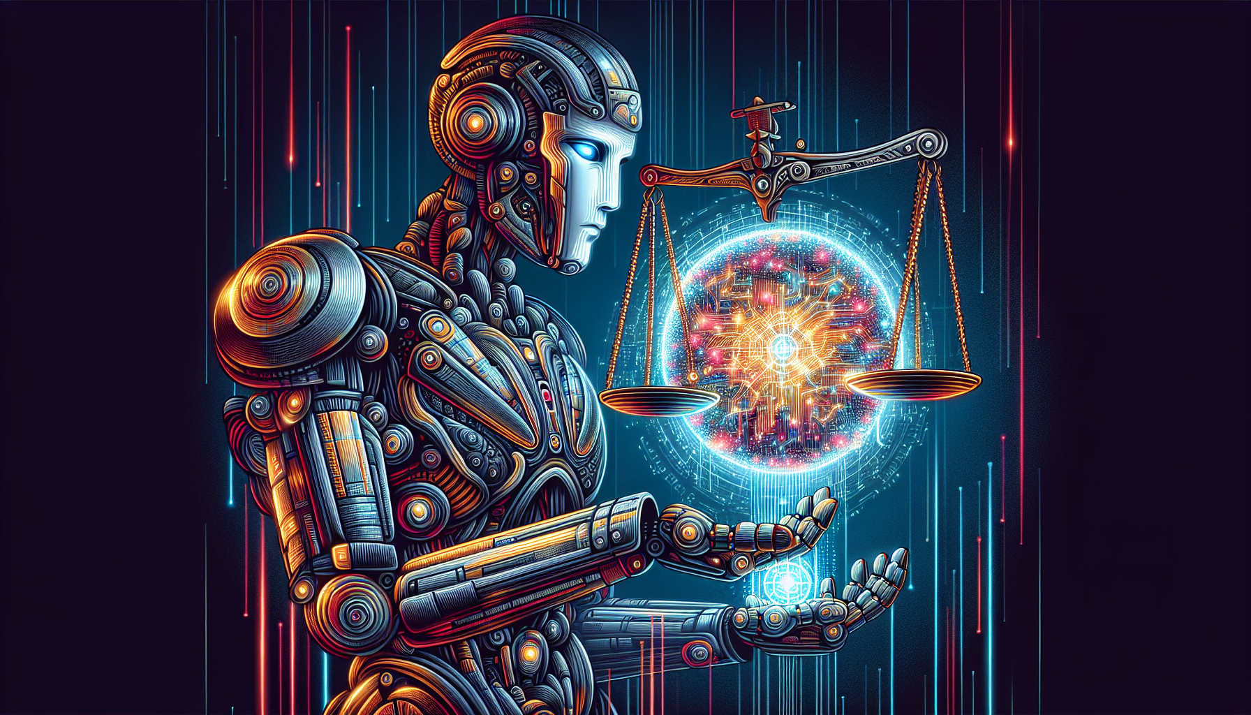 Ethical Considerations in AI A robot holding the scales of justice, contemplating a glowing orb of digital information.