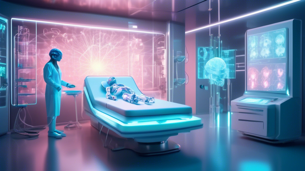 Quantum AI futuristic hospital room filled with advanced medical technology operated by a humanoid