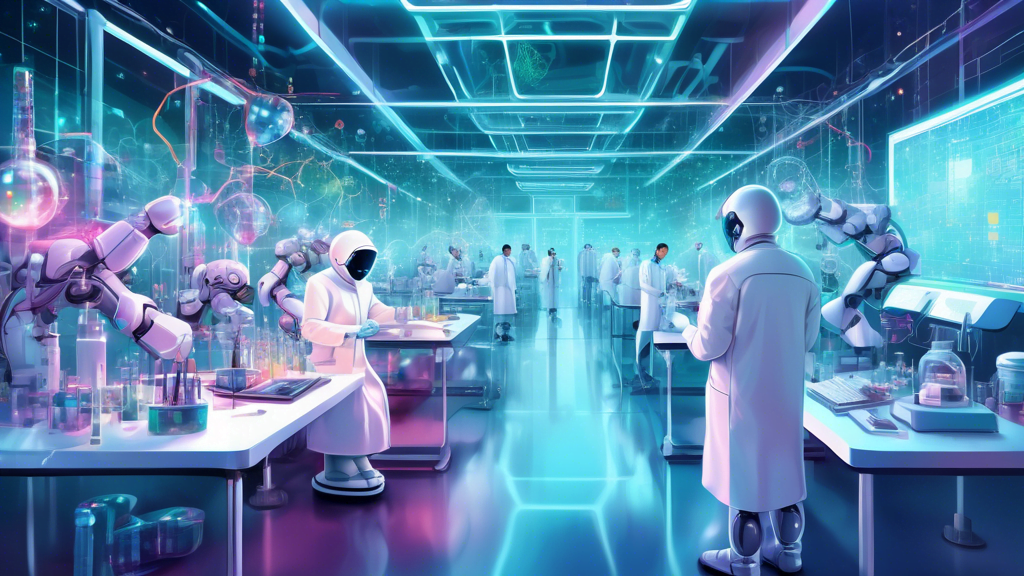An intricate digital painting of a futuristic laboratory where humanoid robots and scientists in white coats collaborate using advanced computers and AI interfaces to design new pharmaceuticals, depic