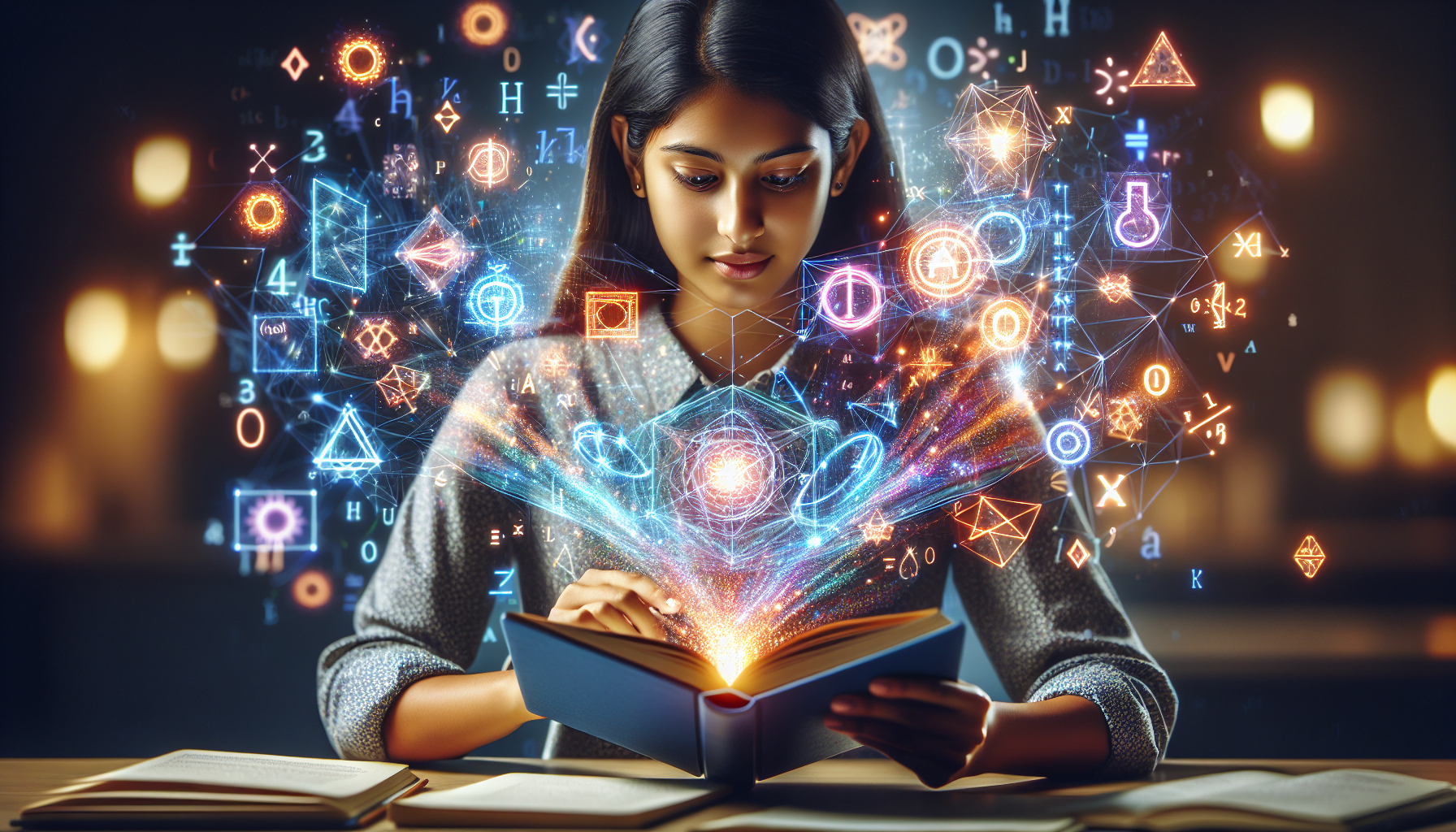 Boost Learning Potential with AI Tools - Discover New Tech! A student using a futuristic AI learning tool that looks like a holographic book, with glowing symbols and formulas floating around them