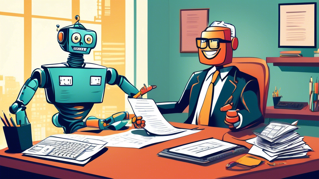 Payroll Tax A friendly robot wearing a suit and tie, sitting at a desk with a computer, calculator, and payroll tax forms, while having a conversation with a human payroll tax specialist who is taking not