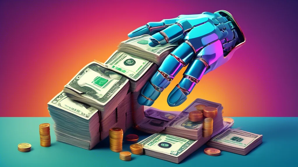 A robotic hand carefully stacking cash representing $550 million, with a brain superimposed on top symbolizing applied intuition.