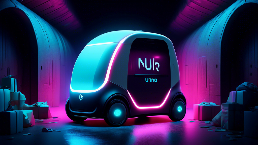 A futuristic, self-driving delivery vehicle with the Nuro logo, emerging from a dark tunnel into the light, surrounded by packages.