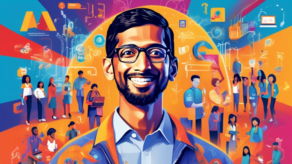 Create a vibrant illustration of Google CEO Sundar Pichai standing confidently on a global stage, with a backdrop featuring symbols of AI technology and education. The scene includes diverse students