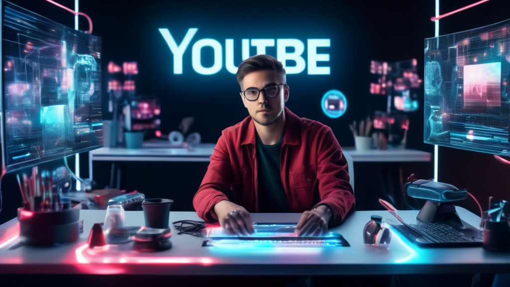 YouTube Create an image of a content creator sitting at a desk surrounded by futuristic digital tools and holographic displays, using AI to edit and create YouTube Shorts. The background shows the YouTube log