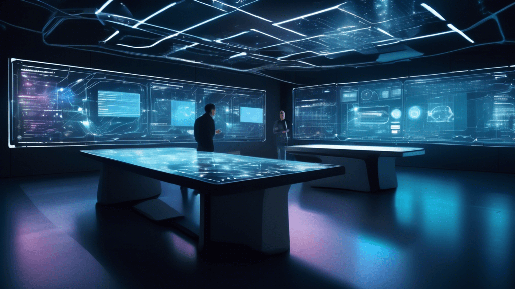 Create an image of a futuristic workspace where researchers and AI developers are intensely focused on a large, interactive, illuminated table. The table displays a dynamic, digital network of interco