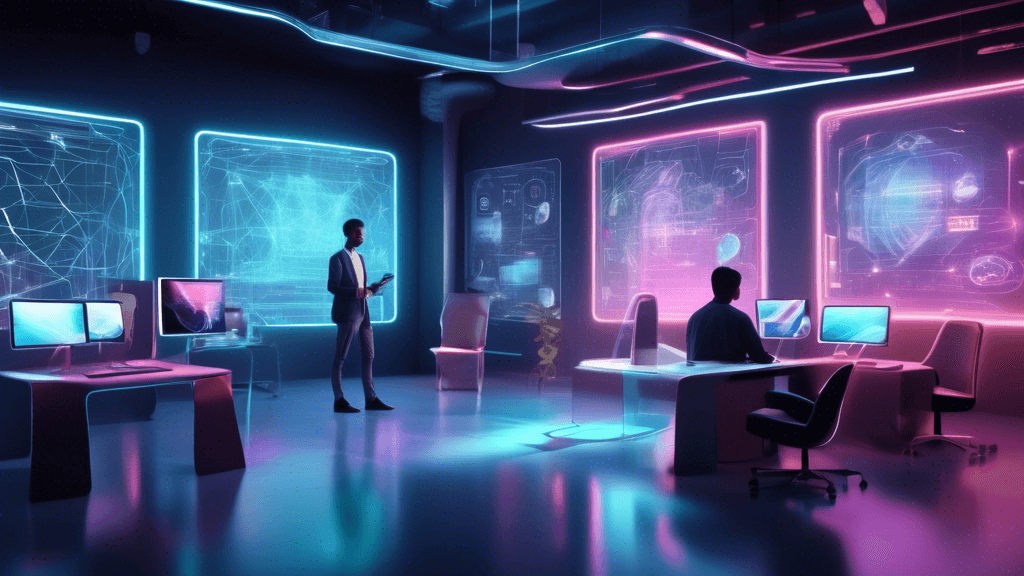 Create an imaginative and visually captivating digital artwork that represents a futuristic scene where a person is interacting with a friendly AI assistant, symbolizing ChatGPT. The setting is an adv