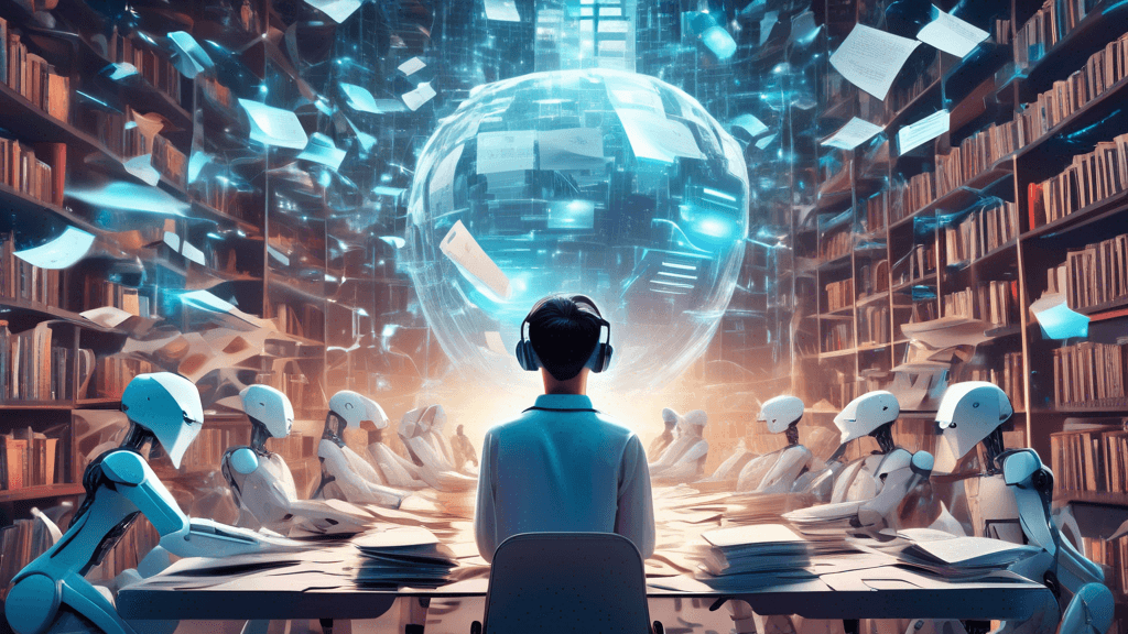 Create a surreal image of a student nervously sitting in front of a computer, surrounded by various AI characters, like robots and holograms, who are all wielding magnifying glasses. Each AI is analyz