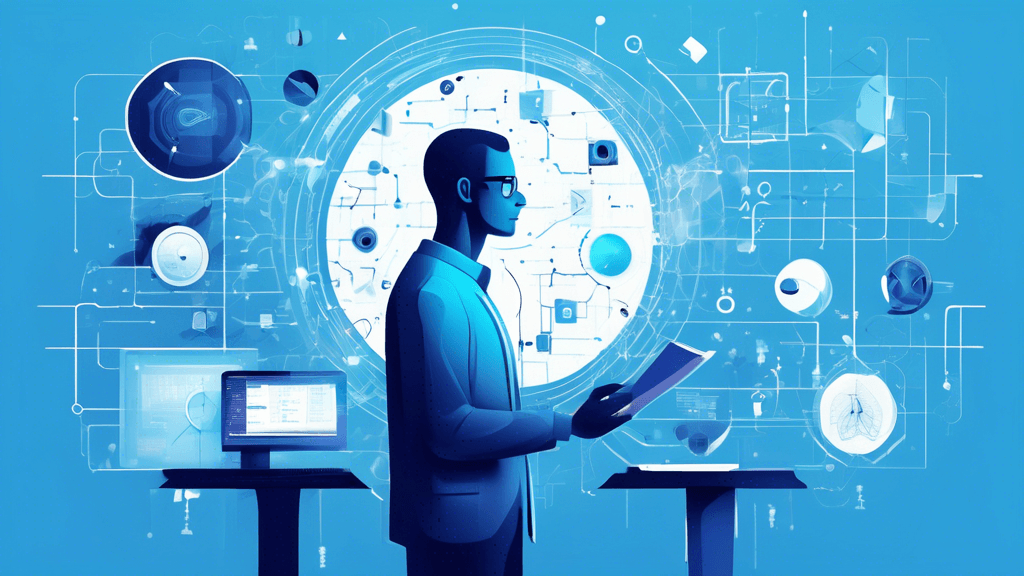 Create an illustration that visually represents essential concepts in data science. The image should feature a collage of symbolic elements such as algorithms, data visualization charts, neural networ